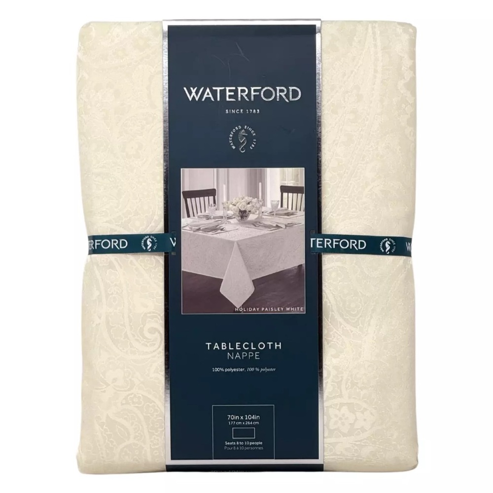 WATERFORD 70 x 104 Christmas Holiday Cream White Paisley Designer Tablecloth NEW